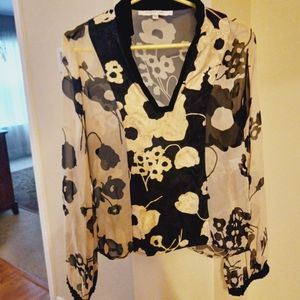 Esther Chen Silk Floral top 6 velvet trim